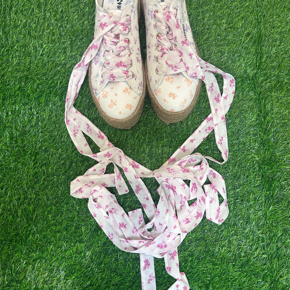 Superga X Loveshack Fancy.  Pink and white Sneakers Casual Style. Lace up